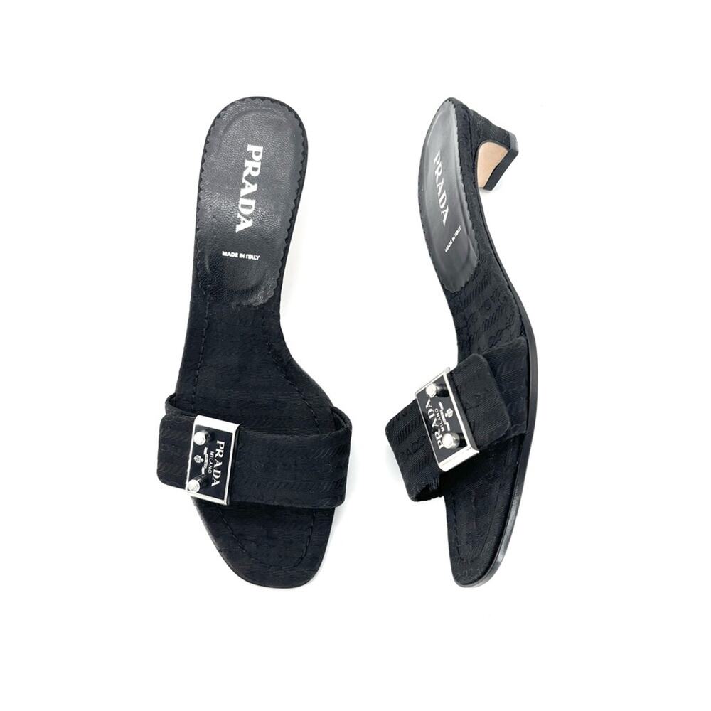 Prada Enamel Metal Logo Plaque Kitten Heel Slip On Mules Sandals 36.5